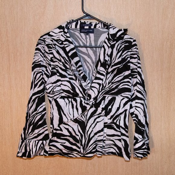 Jones of New York Stretch Zebra Print V Neck 3/4 Sleeve Blouse, Size Small GUC - Picture 1 of 3